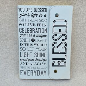 Blessed White and Black Snap Front Faux Leather Notebook